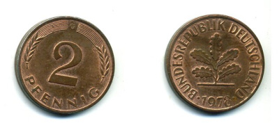 ФРГ 2 ПФЕННИГА 1978 G KM 106a, J.381a сталь плакированная сталь плакированная медьюю 46-162