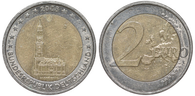 ФРГ 2 евро 2008 J, серия федеральные земли, церковь Св. Михаила в Гамбурге KM 261 биметалл 45-1022
