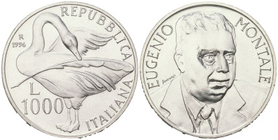Италия 1000 лир 1996 R, 100 лет со дня рождения Эудженио Монтале KM 199 серебро BU 4367-1123