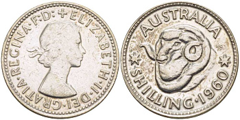 Австралия 1 шиллинг 1960 m, Елизавета II (1952-2022), овца меринос KM 59 серебро 4514-1041