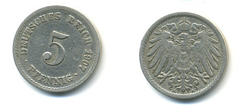 ГЕРМАНИЯ 5 ПФЕННИГОВ 1907 A, KM 11, J. 12 медно-никель 4379-534