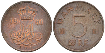 Дания 5 эре 1981 Маргрете II (1972- ) KM 859 бронза 4580-268