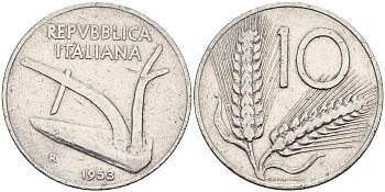 Италия 10 лир 1953 R, плуг, колосья KM 93 алюминий 4595-336