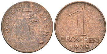 Австрия 1 грош 1936 KM 2836 бронза 192-136