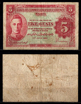 Малайя 5 центов 1941 Pick 7 b бумага 7203-52-3-2