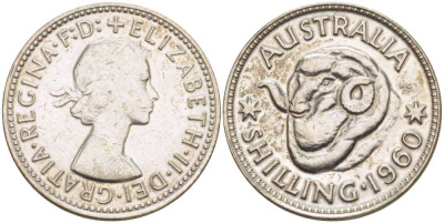 Австралия 1 шиллинг 1960 m, Елизавета II (1952-2022), овца меринос KM 59 серебро 4514-1041