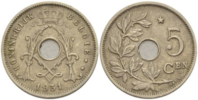 БЕЛЬГИЯ 5 САНТИМОВ 1931 BELGIE, ЗВЕЗДА НАД "5" KM 94 никель латунь 4546-124