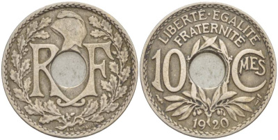 ФРАНЦИЯ 10 САНТИМОВ 1920 ТИП ЛИНДАЙЁ KM 866а, LE FRANC 138.4 медно-никель 4551-623