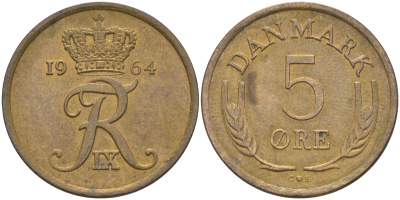 ДАНИЯ 5 ЭРЕ 1964 C; S, ФРЕДЕРИК IX (1947-1972) KM 848.1 бронза 106-112