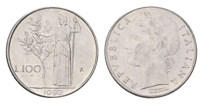 Италия 100 лир 1992 R, Афина у оливкового дерева KM 96.2 нержавеющая сталь 187-562