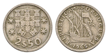 Португалия 2,5 эскудо 1965 парусник KM 590 медно-никель 4708-353