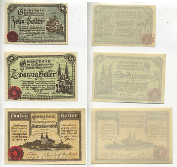 АВСТРИЯ НАБОР ИЗ 3 БАНКНОТ 1920 1 ЯНВАРЯ 1920-30 ИЮНЯ 1920, НОТГЕЛЬД, 10, 20, 50 ГЕЛЛЕРОВ, MARILANSENDORF бумага aUNC 7204-25-3