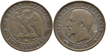 ФРАНЦИЯ 10 САНТИМОВ 1856 BB, НАПОЛЕОН III (1852-1870) KM 771.3, LA FRANC 133.34 бронза 4389-1022