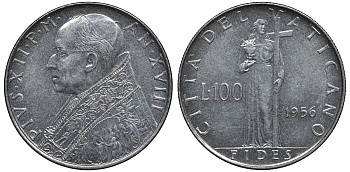 Ватикан 100 лир 1956 папа Пий XII (1939-1958) KM 55 нержавеющая сталь UNC 4579-716