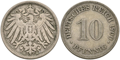 Германия 10 пфеннигов 1900 D KM 12, J. 13 медно-никель 4575-556