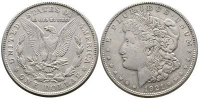 США 1 доллар 1921 S, Морган доллар KM 110 серебро 443-123