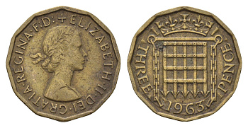 Великобритания 3 пенса 1963 Елизавета II (1952-2022) KM 900, Spink 4153 никель латунь 4699-437