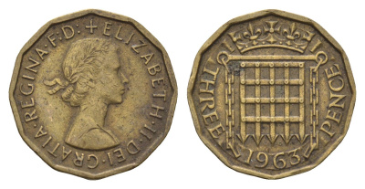 Великобритания 3 пенса 1963 Елизавета II (1952-2022) KM 900, Spink 4153 никель латунь 4699-437