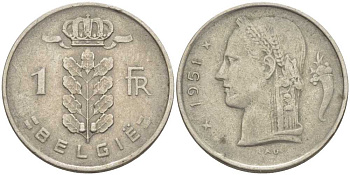 БЕЛЬГИЯ 1 ФРАНК 1951 BELGIE, БОДУЭН I (1951-1993) KM 143.1 медно-никель 119-537