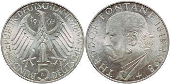ФРГ 5 марок 1969 G, 150 лет со дня рождения Теодора Фонтана J. 399, KM 125.1 серебро aUNC 1529-232