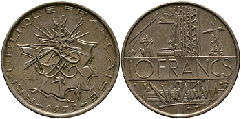 Франция 10 франков 1975 тип Матье KM 940, Le Franc 365.5-6 никель латунь 97-645