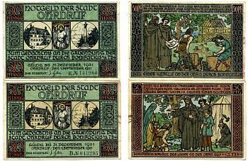 Германия, Ордруф набор из 2 банкнот по 50 пфеннигов 1921 1 сентября 1921 - 31 декабря 1921, нотгельд (буквы В, Е), земля Тюрингия Grabowski 1012.4 бумага 2195-16-3-1