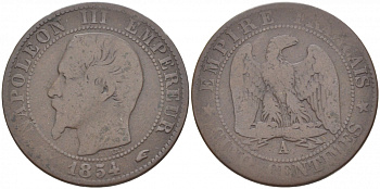 ФРАНЦИЯ 5 САНТИМОВ 1854 A, НАПОЛЕОН III (1852-1870) KM 777.1, LE FRANC 116.8 бронза 4448-1222