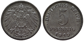 Германия 5 пфеннигов 1919 F KM 19, J. 297, Weege 5 железо 4118-1246