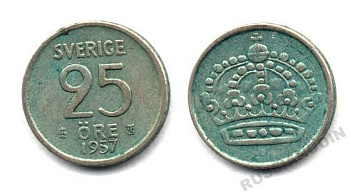 Швеция 25 эре 1957 T;S, Густав VI Адольф (1950-1973) KM 824 серебро 25-1455