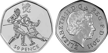 Великобритания 50 пенсов 2011 XXX летние Олимпийские игры в Лондоне в 2012 году, фехтование, в оригинальном картонном буклете, с Олимпийской голограммой (11/29) KM 1191 медно-никель  UNC  3-6-6-23