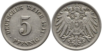 Германия 5 пфеннигов 1911 F KM 11, Jager 12, Weege 6 медно-никель 4547-524