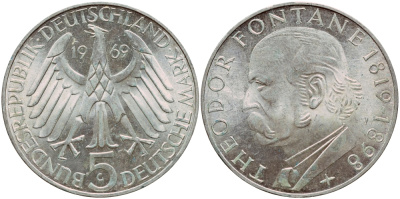 ФРГ 5 марок 1969 G, 150 лет со дня рождения Теодора Фонтана J. 399, KM 125.1 серебро aUNC 1529-232