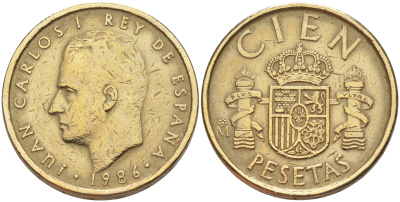 Испания 100 песет 1986 Хуан Карлос I (1975-2014) KM 826 алюминиевая бронза 106-336