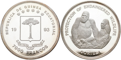 Экваториальная Гвинея 7000 франков 1993 серия защитим наш мир, две гориллы KM 122 серебро PROOF 00-000-00