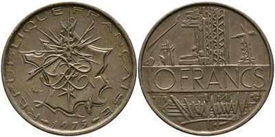 Франция 10 франков 1975 тип Матье KM 940, Le Franc 365.5-6 никель латунь 97-645