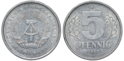 ГДР 5 ПФЕННИГОВ 1980 A KM 9.2 алюминий 62-424