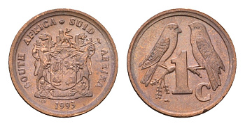 ЮАР 1 цент 1993 герб, капские воробьи KM 132 сталь плакированная медью UNC 4682-966