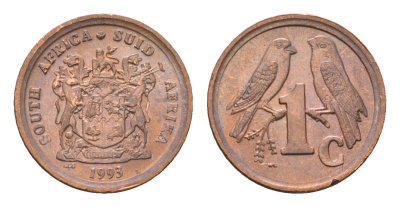 ЮАР 1 цент 1993 герб, капские воробьи KM 132 сталь плакированная медью UNC 4682-966