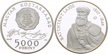 Венгрия 5000 форинтов 2007 200 лет со дня рождения Лайоша Баттьяни KM 799 серебро  PROOF  01-168-34