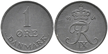 ДАНИЯ 1 ЭРЕ 1961 C; S, ФРЕДЕРИК IX (1947-1972) KM 839.2 цинк UNC 100-661