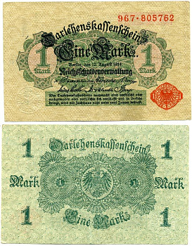 Германия 1 марка 1914 красная серия, выпуск 1917 Pick 51, Розенберг 51с бумага 7547-75-4