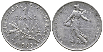 ФРАНЦИЯ 1 ФРАНК 1960 СЕЯТЕЛЬ KM 925.1, LE FRANC 226.4 никель 3999-1035