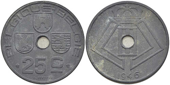 БЕЛЬГИЯ 25 САНТИМОВ 1946 BELGIQUE-BELGIE, ГЕРМАНСКАЯ ОККУПАЦИЯ, ВТОРАЯ МИРОВАЯ ВОЙНА, ЛЕОПОЛЬД III (1934-1950) KM 131 цинк 119-412