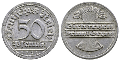 ГЕРМАНИЯ 50 ПФЕННИГОВ 1921 F KM 27, J. 301 алюминий 4380-847