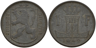 Бельгия 1 франк 1942 Belgique - Belgie, Леопольд III (1934-1947), германская оккупация, Вторая мировая война KM 127 цинк 4161-433