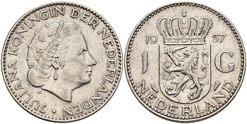 Нидерланды 1 гульден 1957 Юлиана (1948-1980) KM 184 серебро 4126-1133