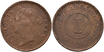 Стрейтс-Сетлментс 1 цент 1890 Виктория (1837-1901), Ост-Индская компания KM 16 бронза 4590-444