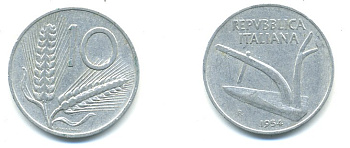 ИТАЛИЯ 10 ЛИР 1954 R, ПЛУГ KM 93 алюминий 4364-1125