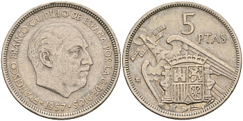 Испания 5 песет 1957 (72) Франсиско Франко (1939 - 1975) KM 786 медно-никель 4155-611