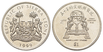 Сьерра-Леоне 1 доллар 1999 Китай 2000 – Армиллярная сфера первого века KM 130 медно-никель 1521-1421